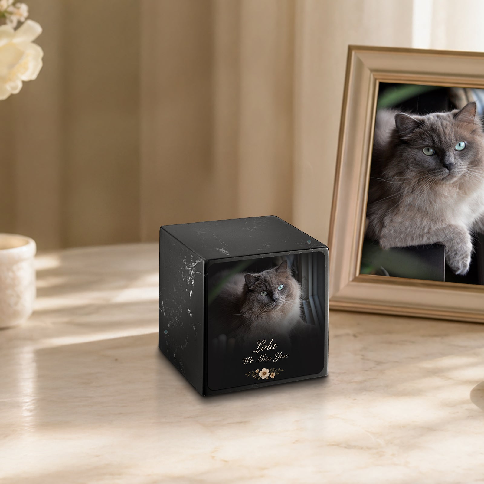 Small Cube Pet Portrait Photo Black & White Cultured Marble Pet Cremation Urn by MacKenzie