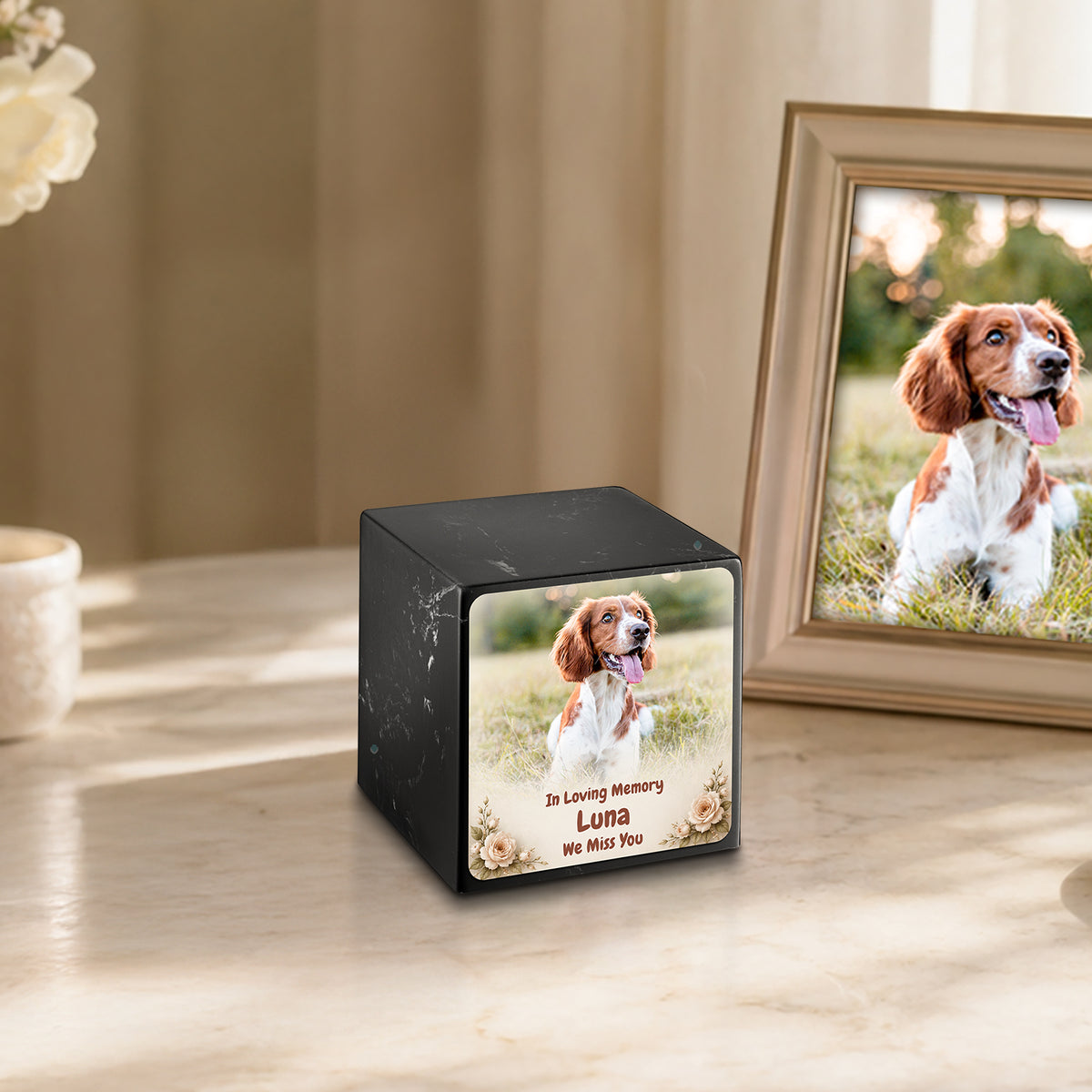 Small Cube Personalized Pet Photo Black & White Cultured Marble Pet Cremation Urn by MacKenzie