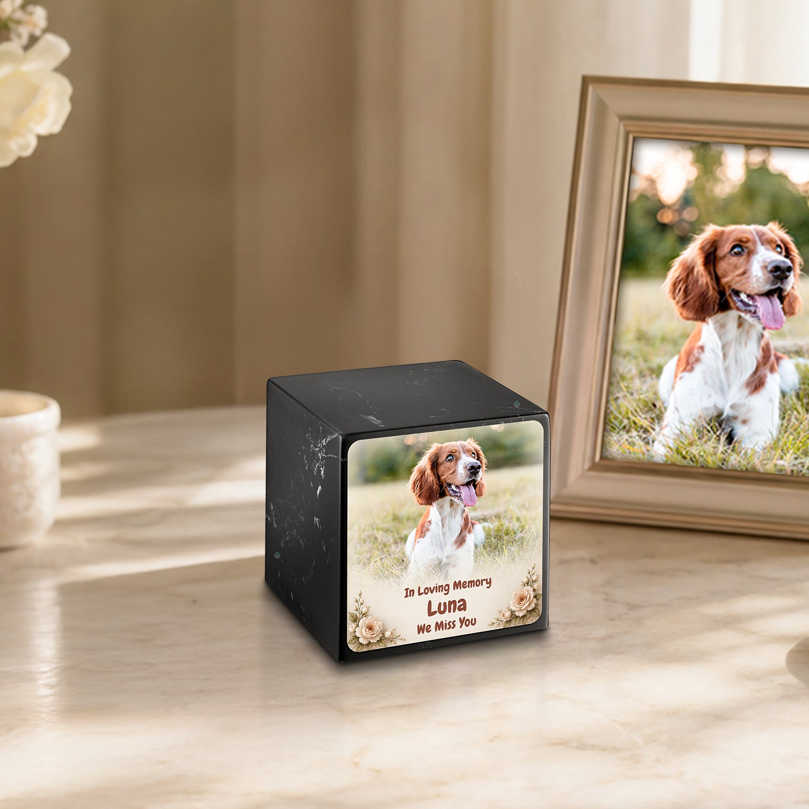 Small Cube Personalized Pet Photo Black & White Cultured Marble Pet Cremation Urn by MacKenzie