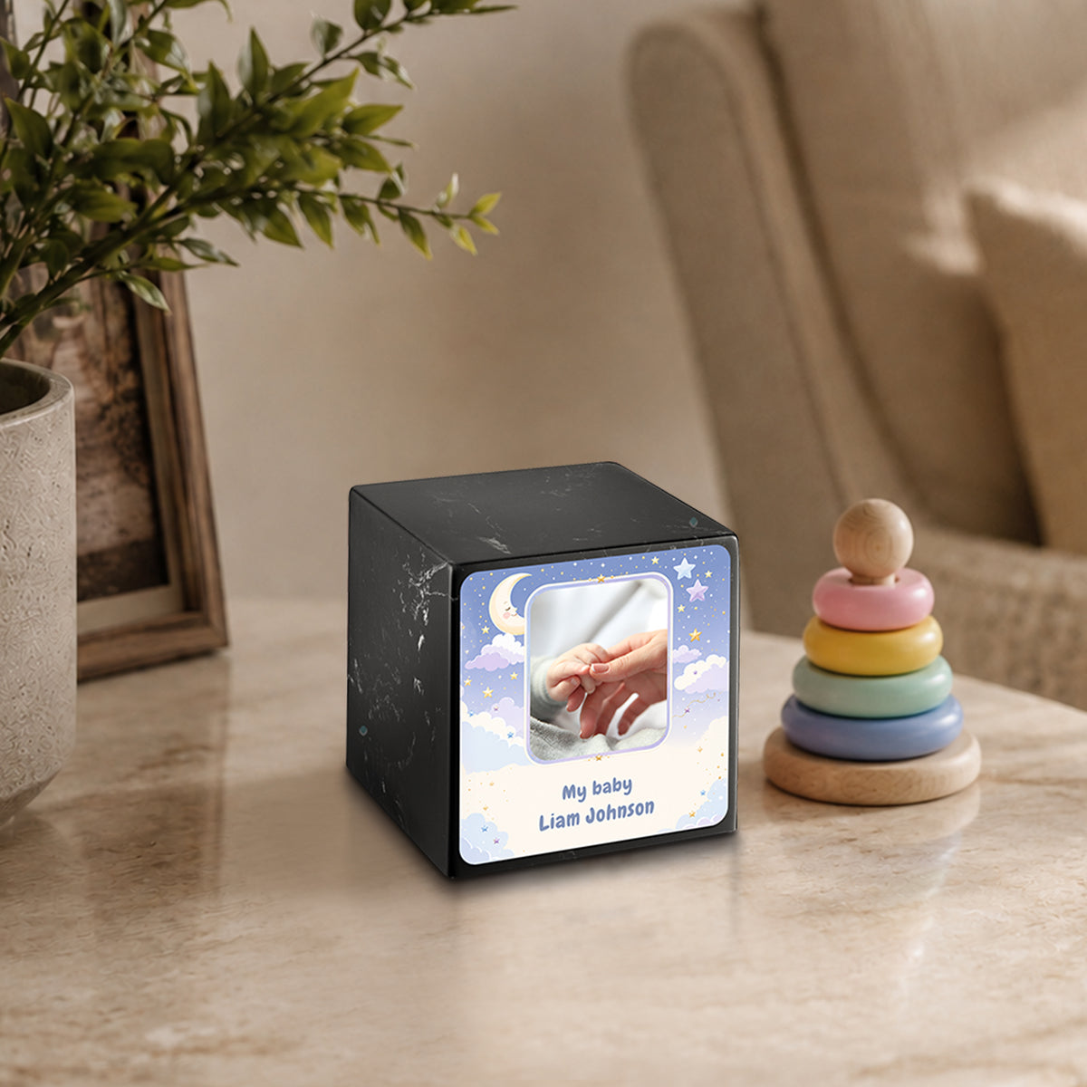 Small Cube Moon and Stars Black & White Cultured Marble Child Cremation Urn by MacKenzie