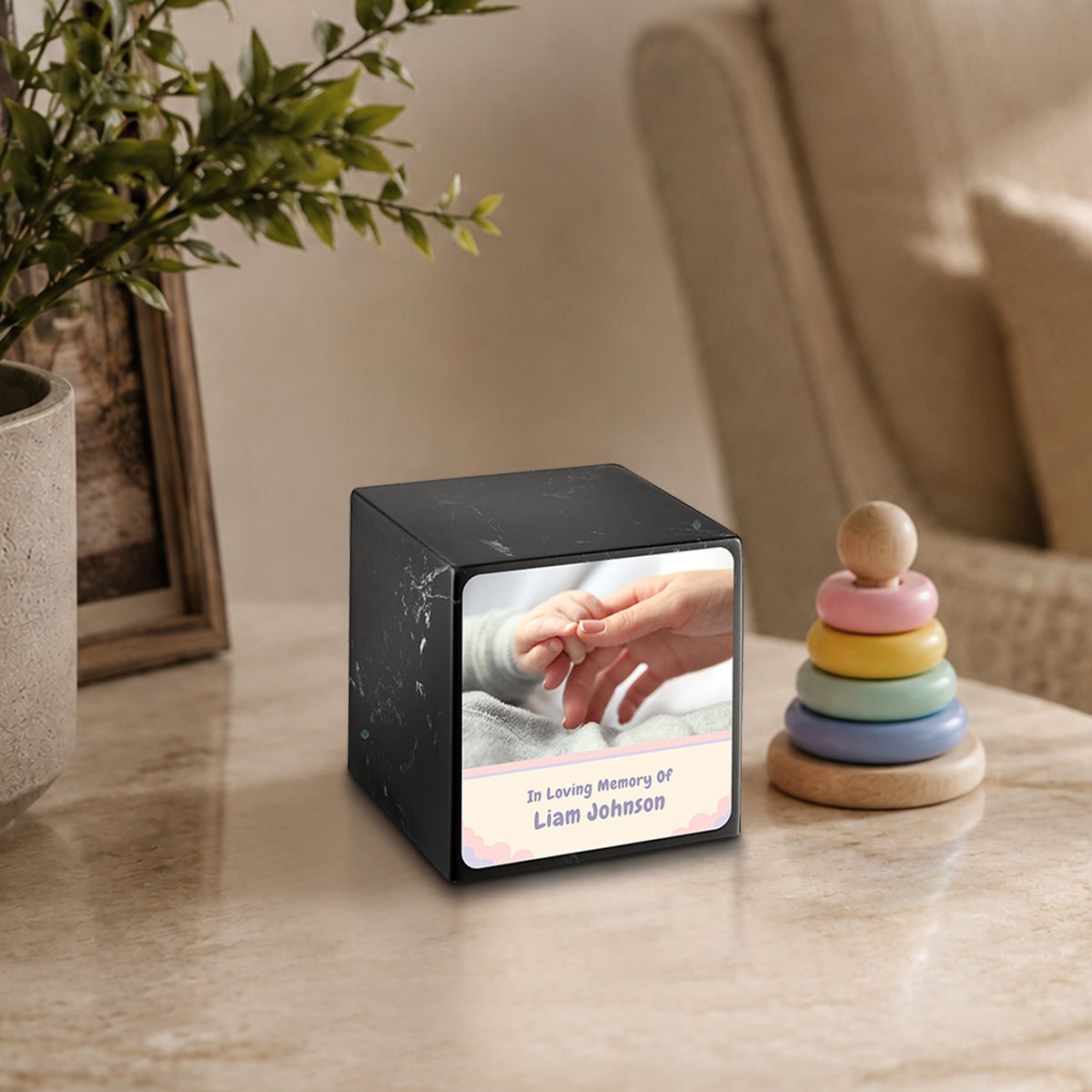 Small Cube Classic Photo Black & White Cultured Marble Child Cremation Urn by MacKenzie