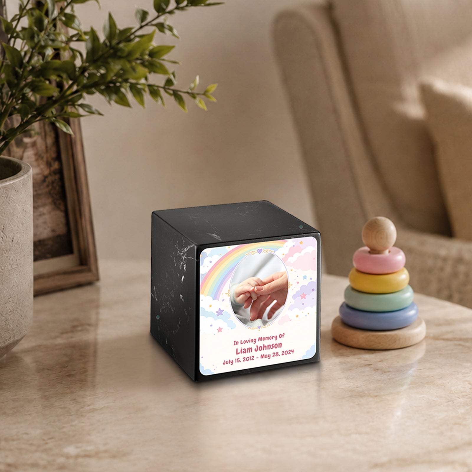 Small Cube Rainbow and Clouds Black & White Cultured Marble Child Cremation Urn by MacKenzie