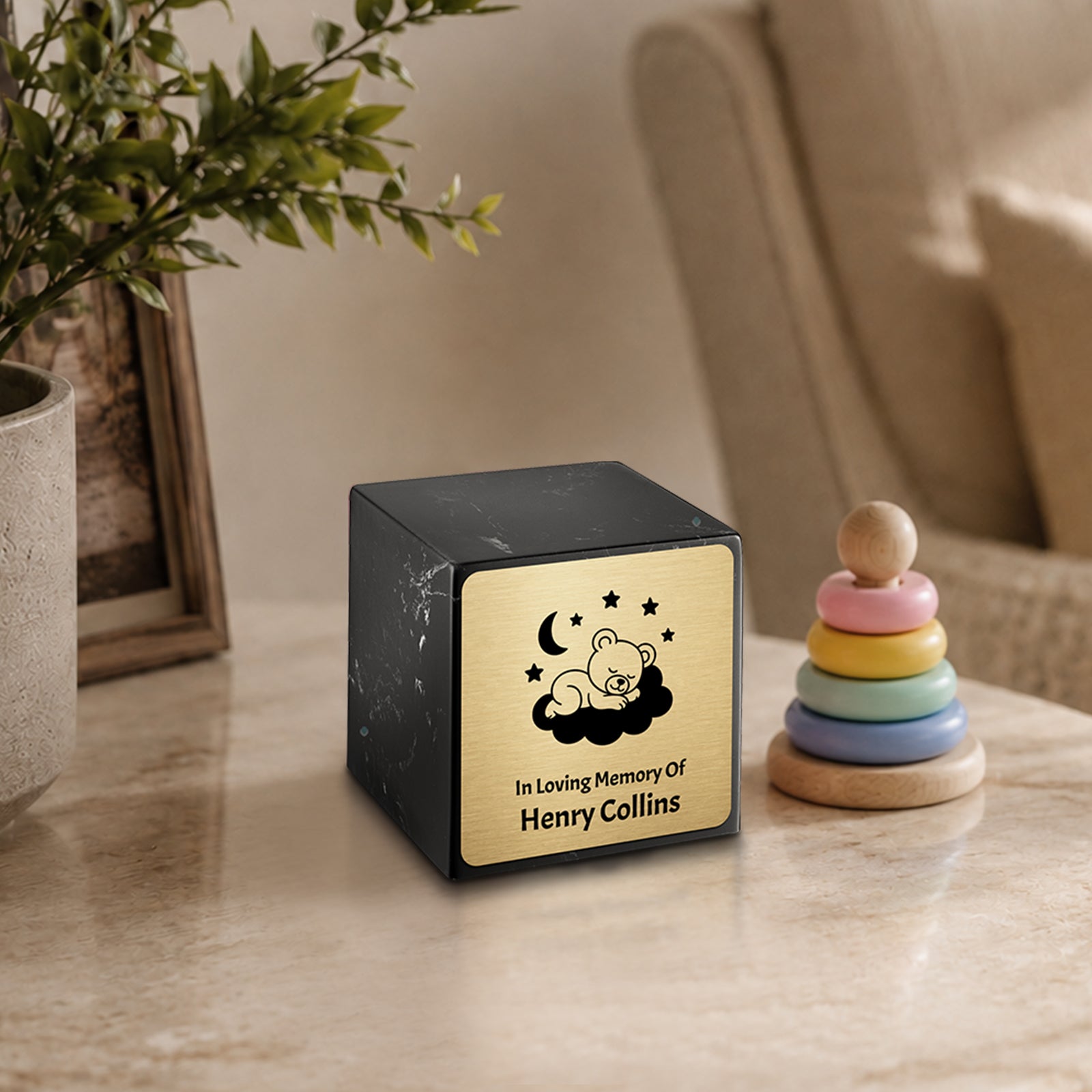 Small Cube Sleeping Teddy Black and White Cultured Marble Child Cremation Urn by MacKenzie
