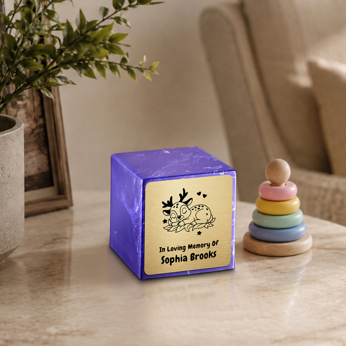 Small Cube Baby Deer Cobalt Cultured Marble Child Cremation Urn by MacKenzie