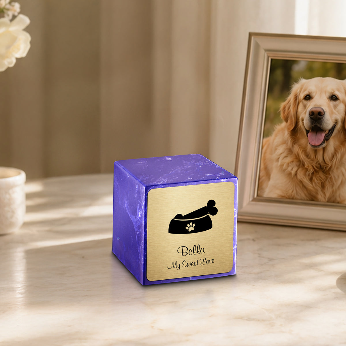 Small Cube Dog Bone Cobalt Cultured Marble Pet Cremation Urn by MacKenzie