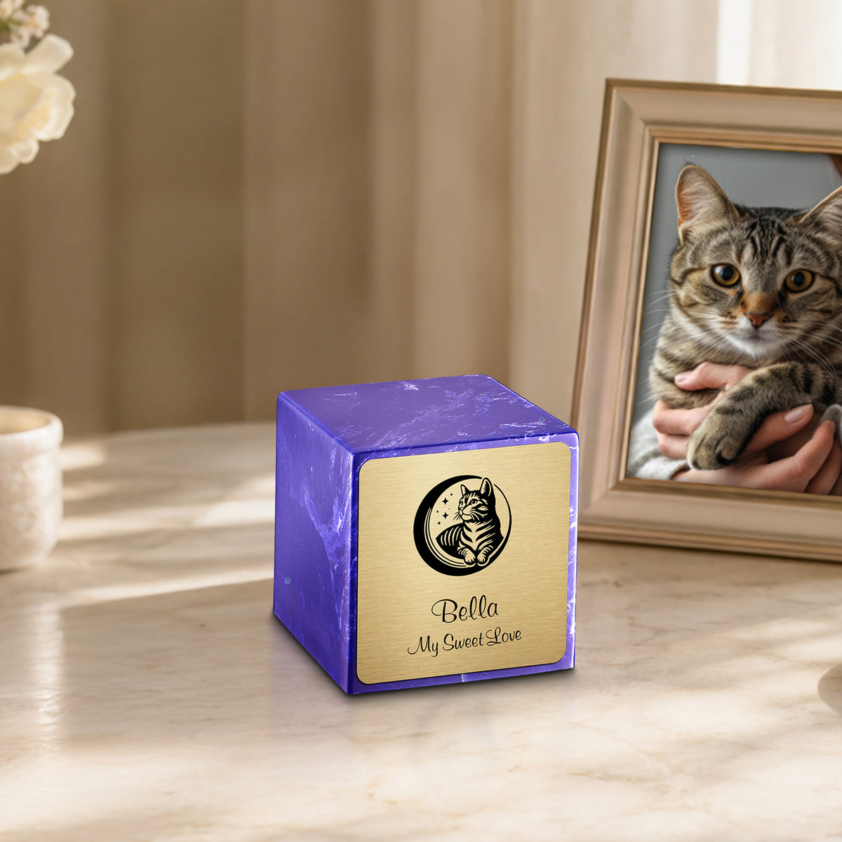 Small Cube Cat Cobalt Cultured Marble Pet Cremation Urn by MacKenzie