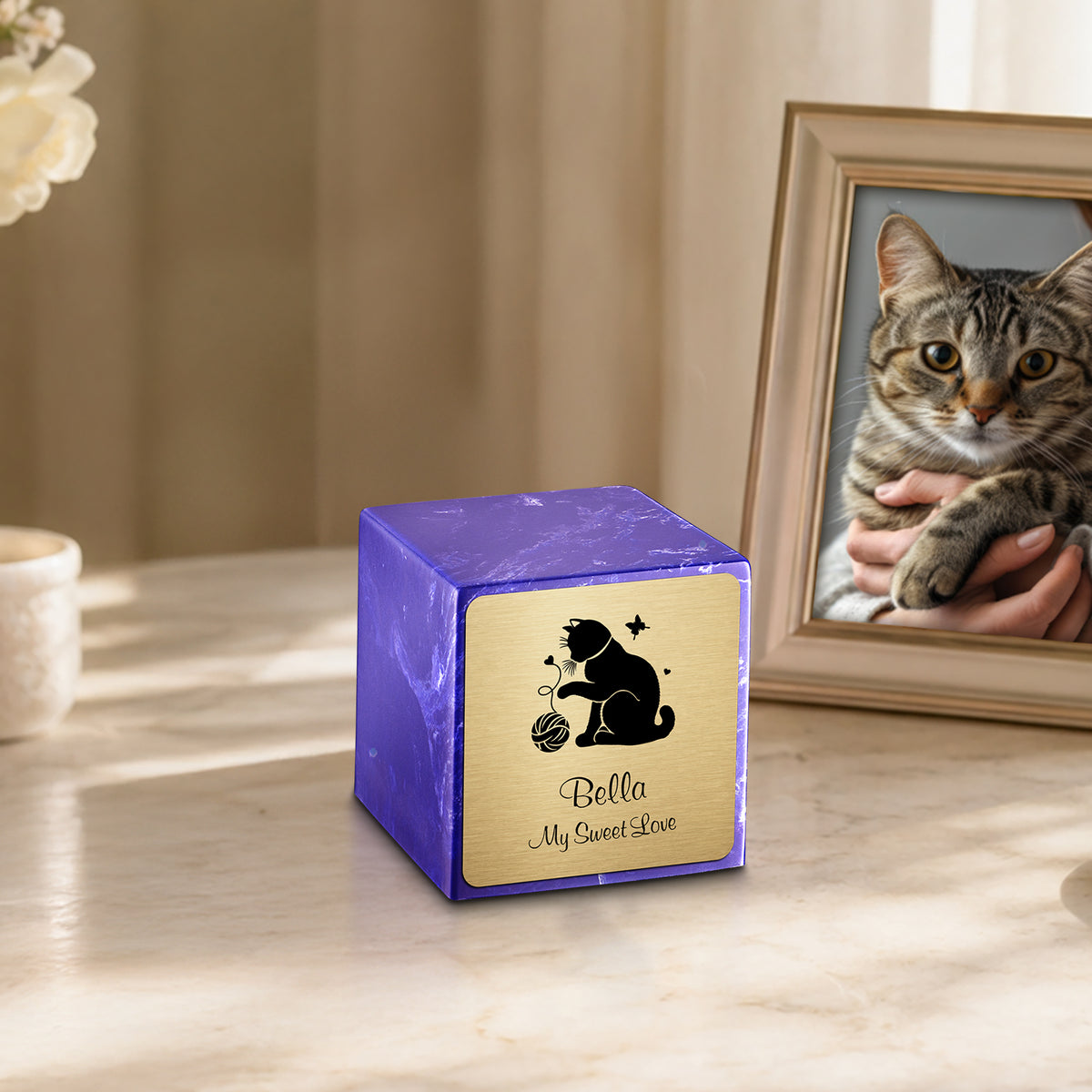 Small Cube Fun Cat Cobalt Cultured Marble Pet Cremation Urn by MacKenzie