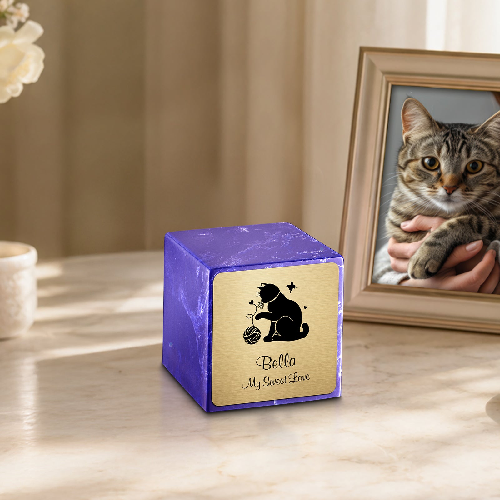 Small Cube Fun Cat Cobalt Cultured Marble Pet Cremation Urn by MacKenzie