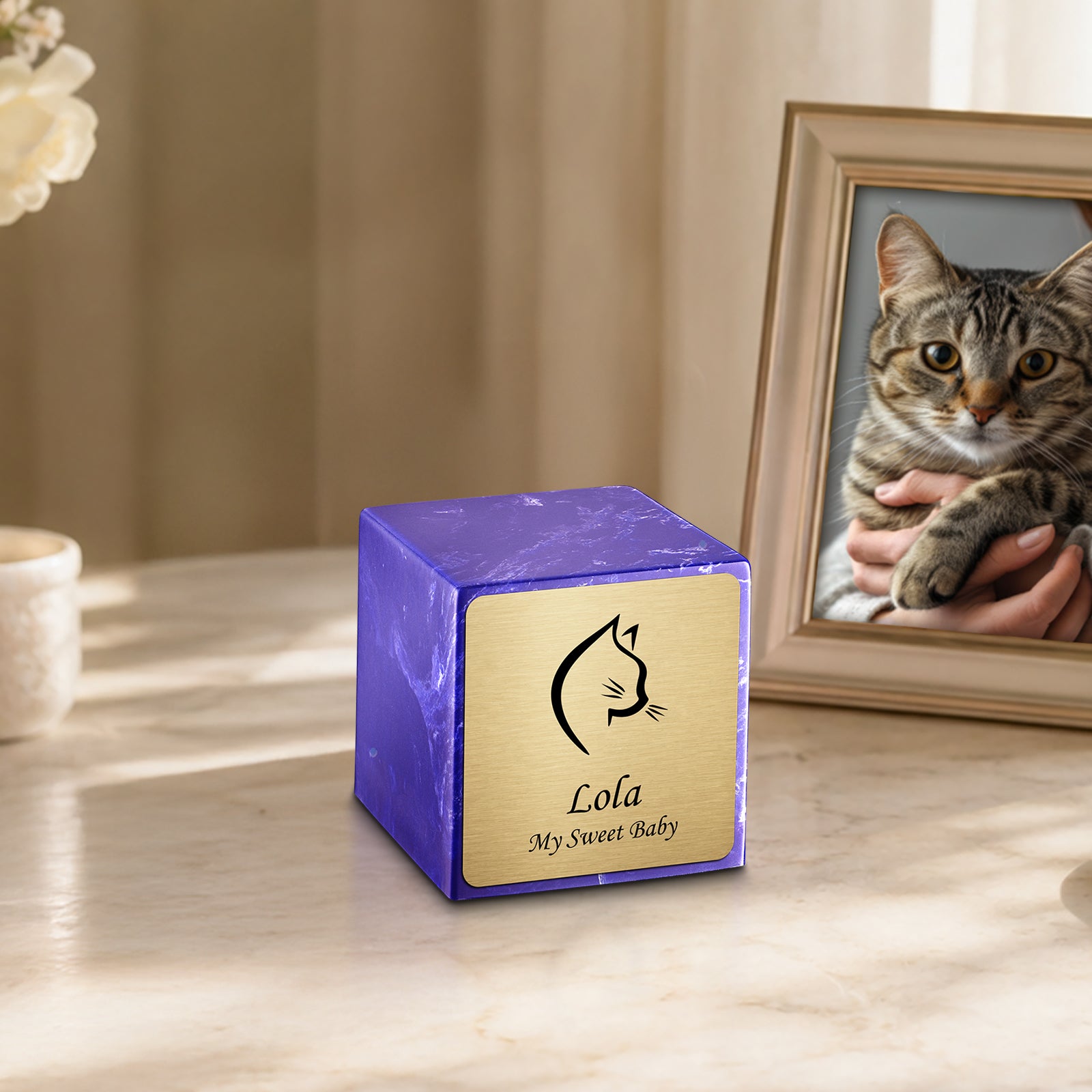 Small Cube Cat Head Cobalt Cultured Marble Pet Cremation Urn by MacKenzie