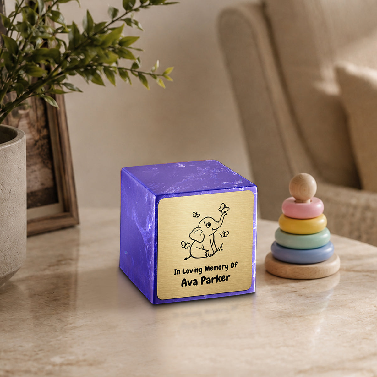 Small Cube Baby Elephant Cobalt Cultured Marble Child Cremation Urn by MacKenzie
