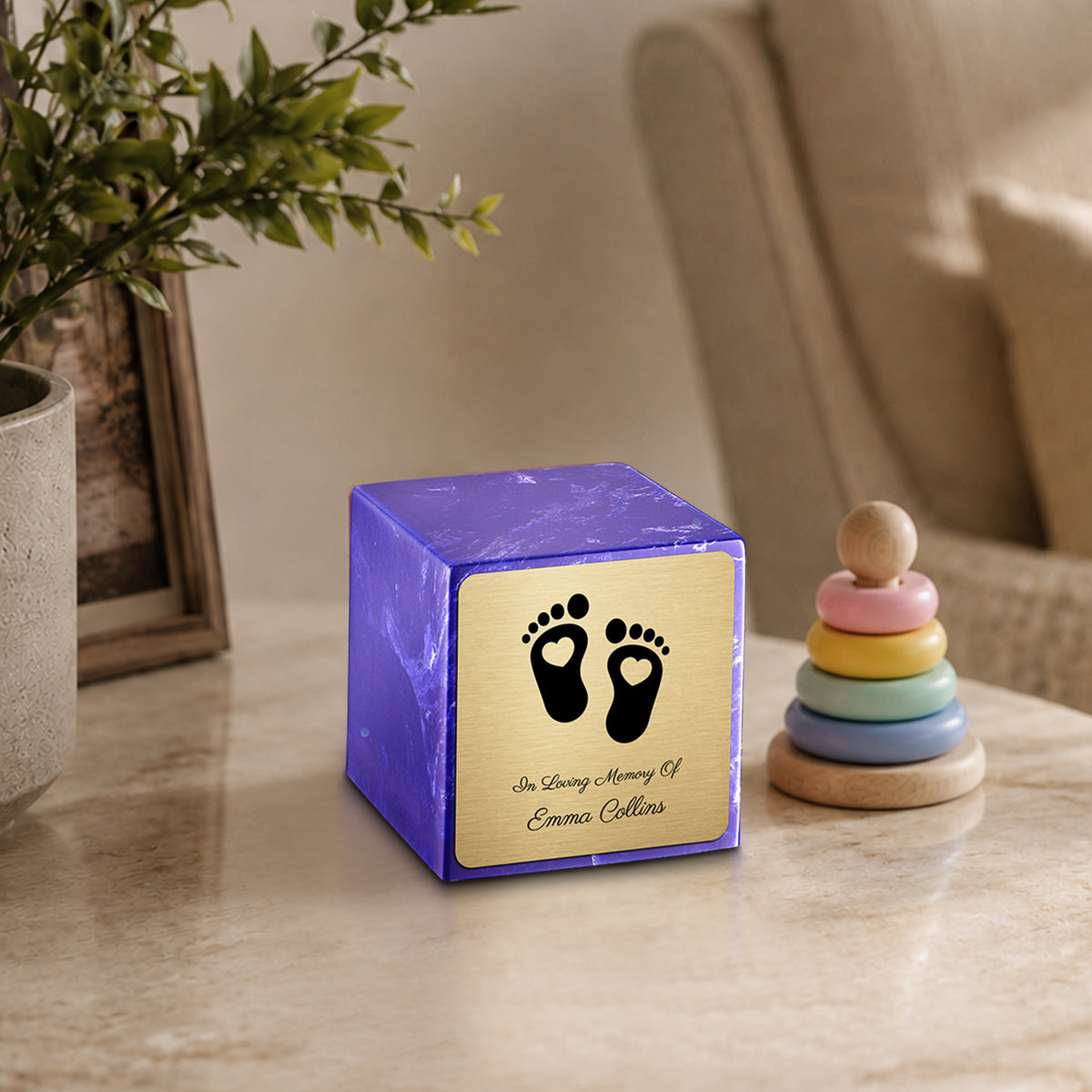 Small Cube Loving Heart Feet Cobalt Cultured Marble Child Cremation Urn by MacKenzie