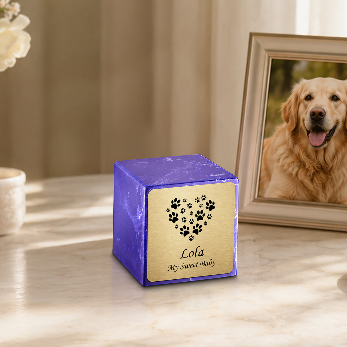 Small Cube Heart Paw Cobalt Cultured Marble Pet Cremation Urn by MacKenzie
