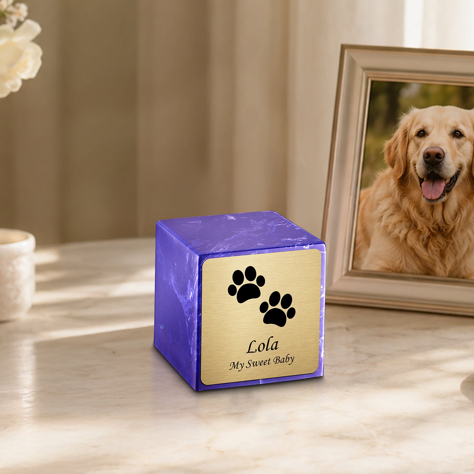 Small Cube Walking Paws Cobalt Cultured Marble Pet Cremation Urn by MacKenzie