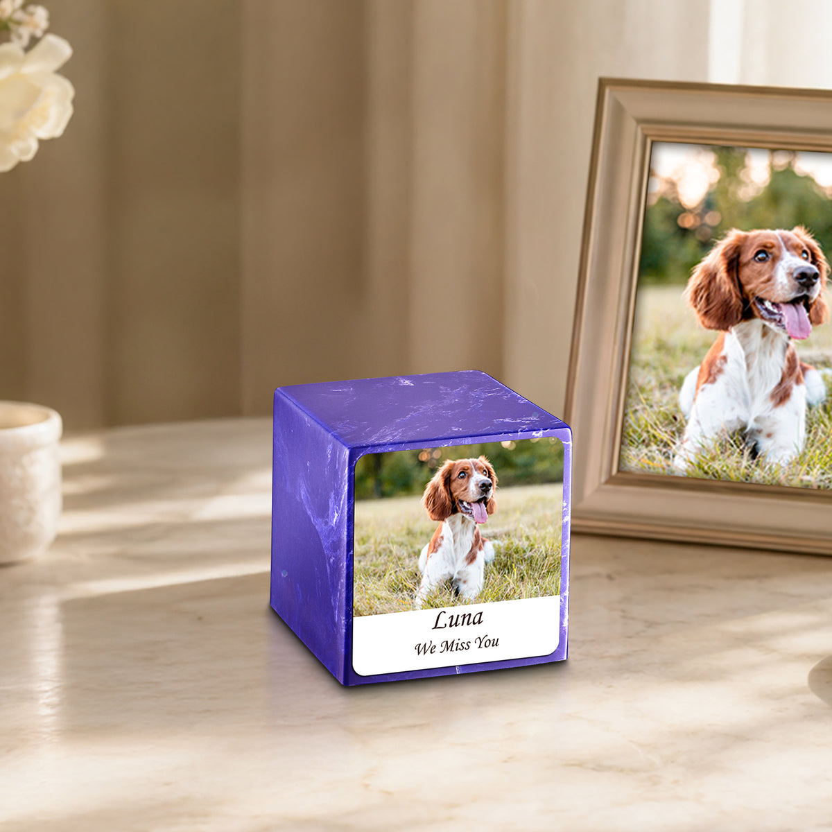Small Cube Custom Pet Photo Cobalt Cultured Marble Pet Cremation Urn by MacKenzie