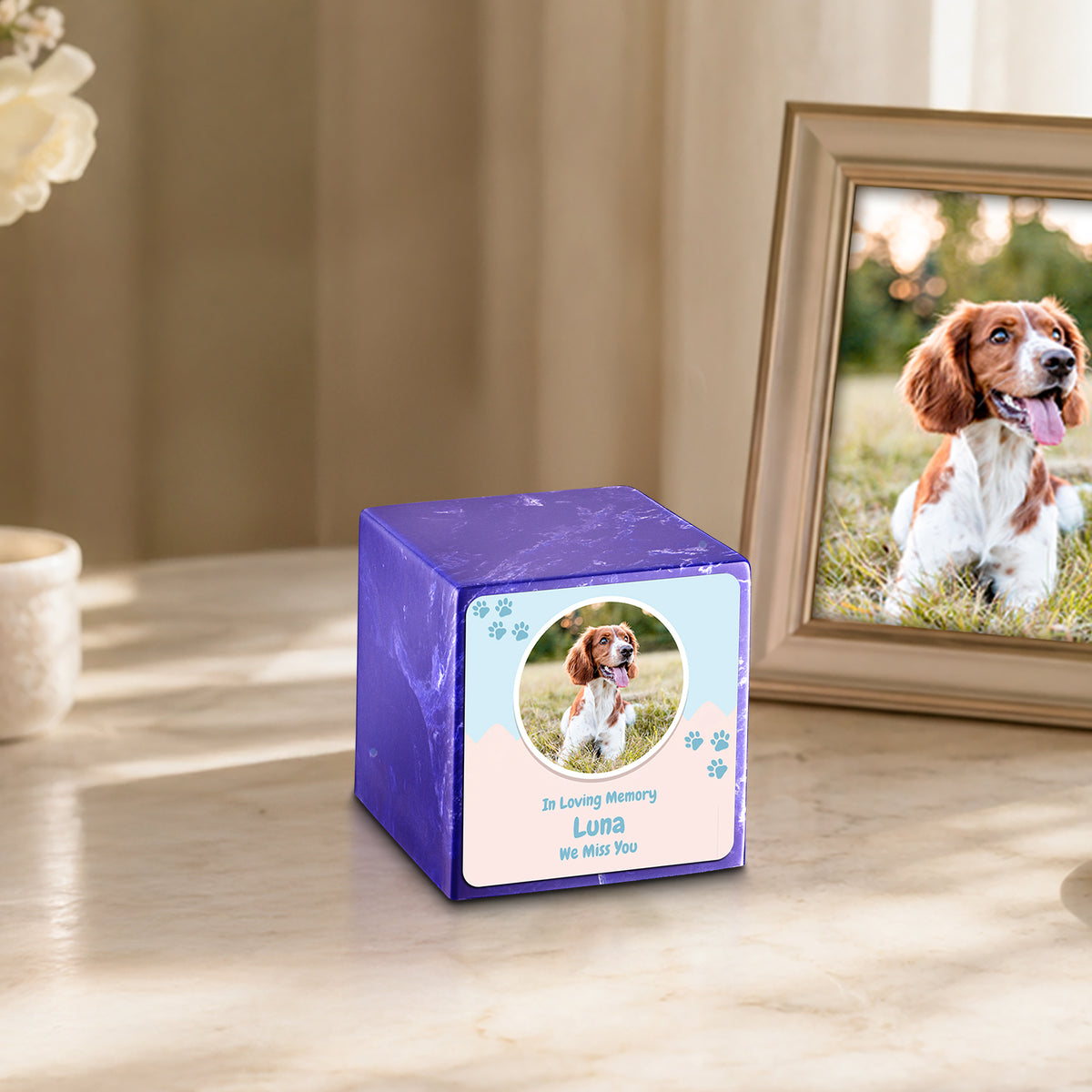Small Cube Pet Portrait Cobalt Cultured Marble Pet Cremation Urn by MacKenzie