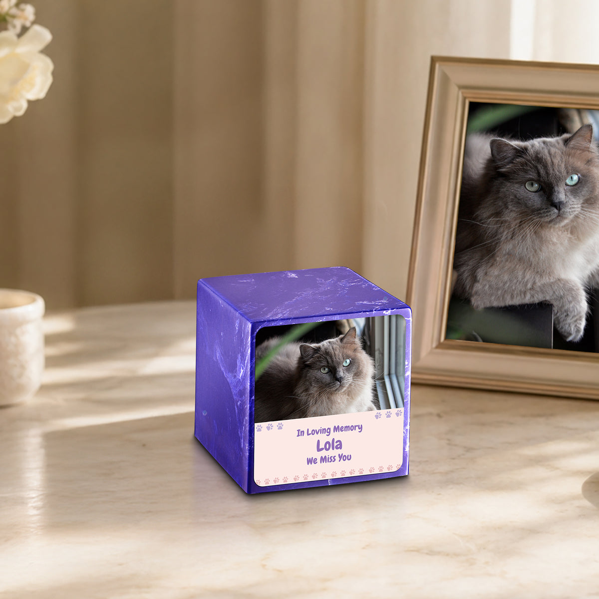 Small Cube Pet Photo Memorial Cobalt Cultured Marble Pet Cremation Urn by MacKenzie