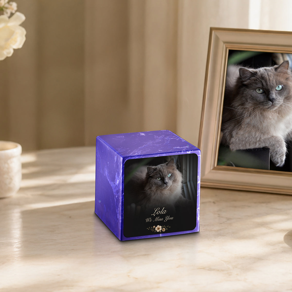 Small Cube Pet Portrait Photo Cobalt Cultured Marble Pet Cremation Urn by MacKenzie