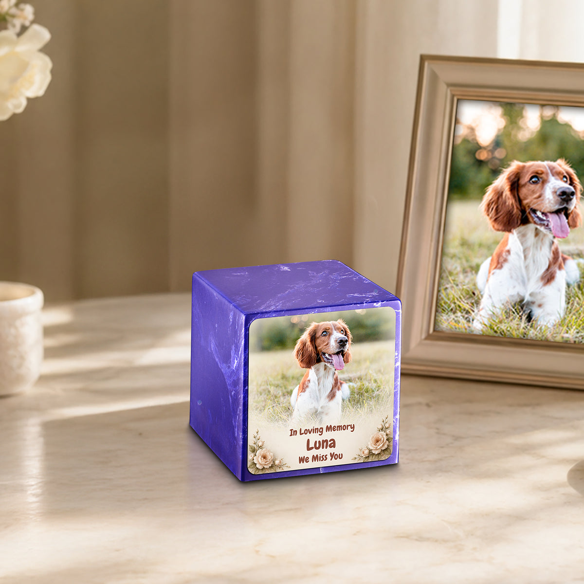 Small Cube Personalized Pet Photo Cobalt Cultured Marble Pet Cremation Urn by MacKenzie