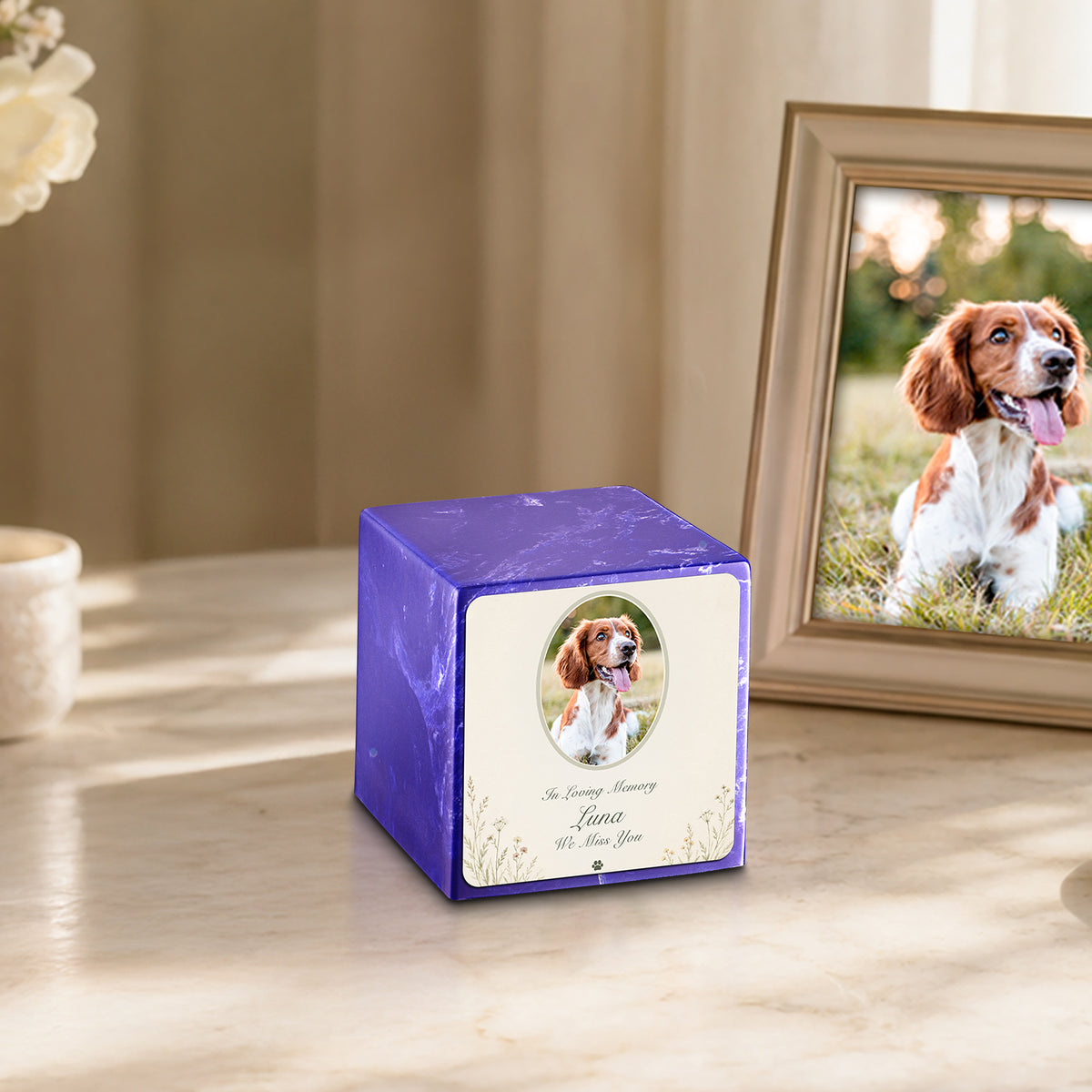 Small Cube Pet Portrait Tribute Cobalt Cultured Marble Pet Cremation Urn by MacKenzie