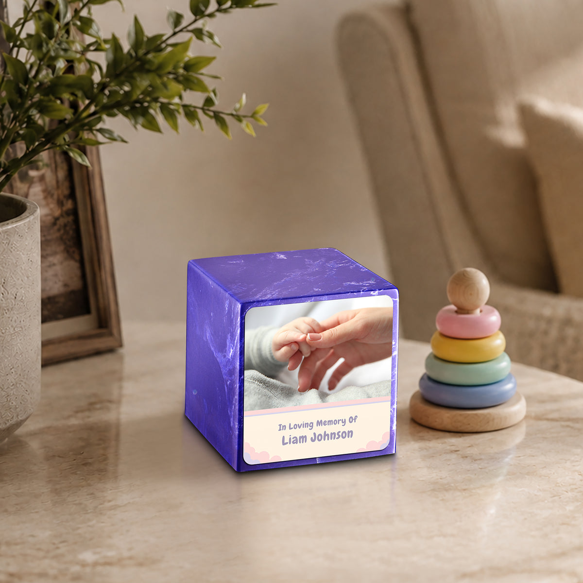 Small Cube Classic Photo Cobalt Cultured Marble Child Cremation Urn by MacKenzie