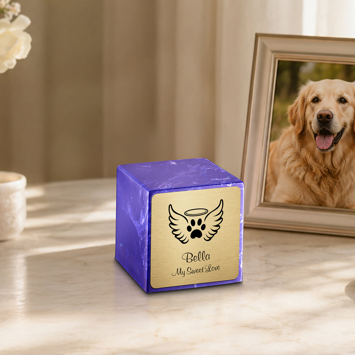 Small Cube Angel Wings Cobalt Cultured Marble Pet Cremation Urn by MacKenzie