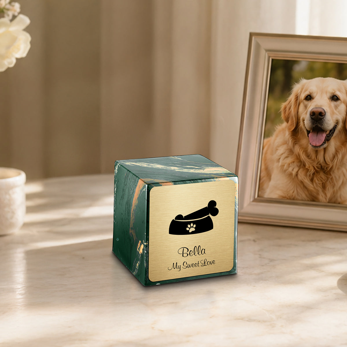 Small Cube Dog Bone Camo Cultured Marble Pet Cremation Urn by MacKenzie