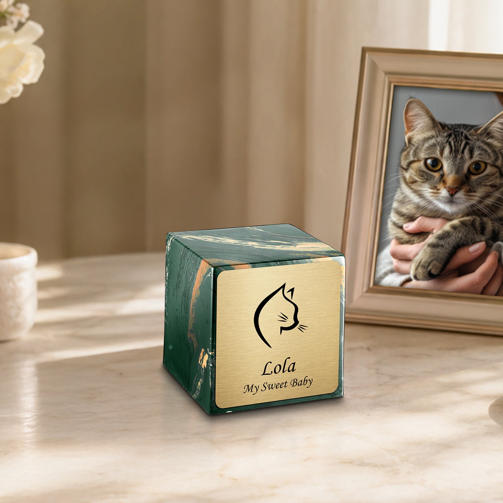 Small Cube Cat Head Camo Cultured Marble Pet Cremation Urn by MacKenzie