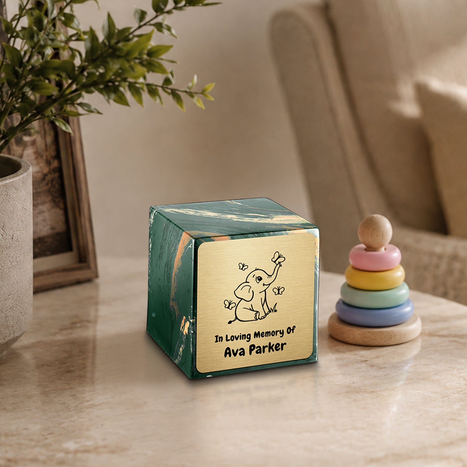 Small Cube Baby Elephant Camo Cultured Marble Child Cremation Urn by MacKenzie