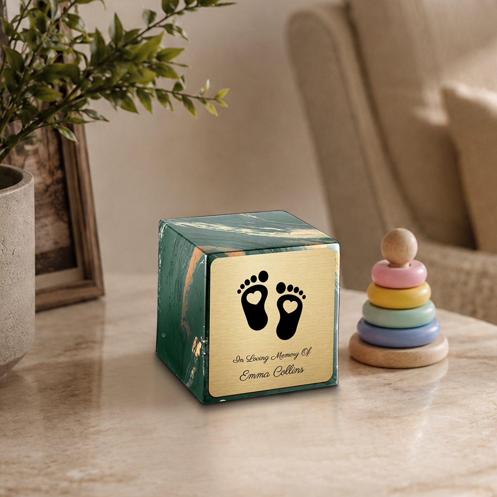 Small Cube Loving Heart Feet Camo Cultured Marble Child Cremation Urn by MacKenzie
