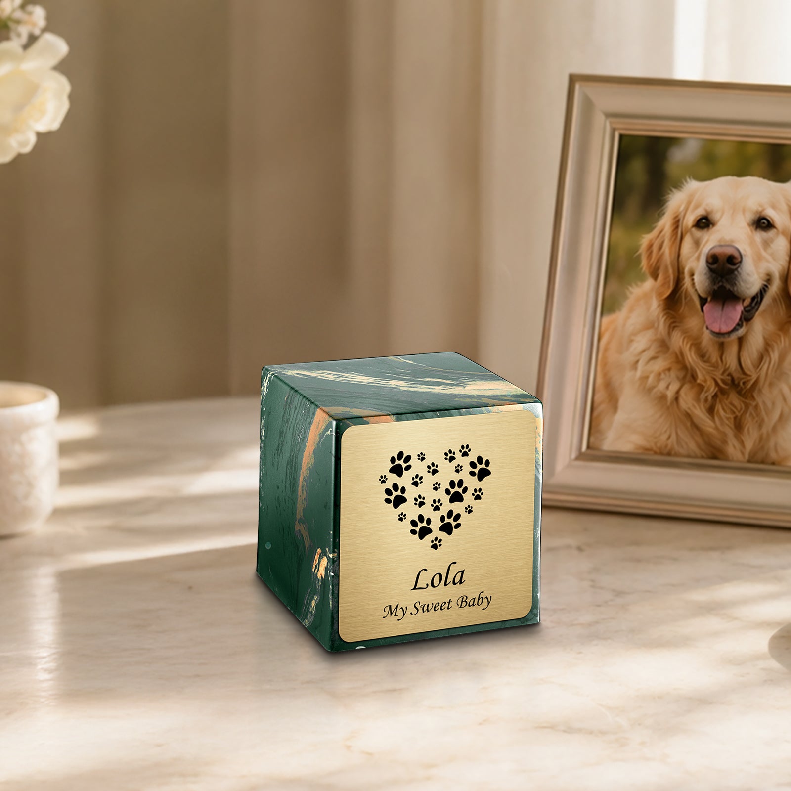 Small Cube Heart Paw Camo Cultured Marble Pet Cremation Urn by MacKenzie