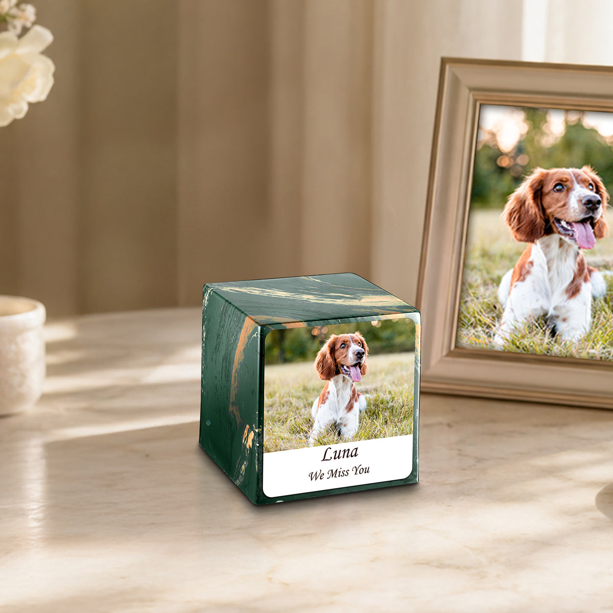 Small Cube Custom Pet Photo Camo Cultured Marble Pet Cremation Urn by MacKenzie
