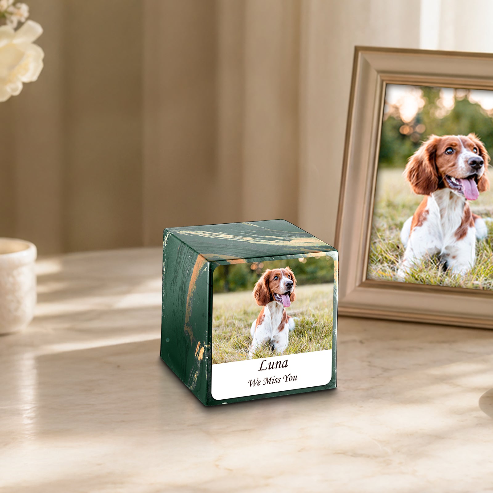 Small Cube Custom Pet Photo Camo Cultured Marble Pet Cremation Urn by MacKenzie