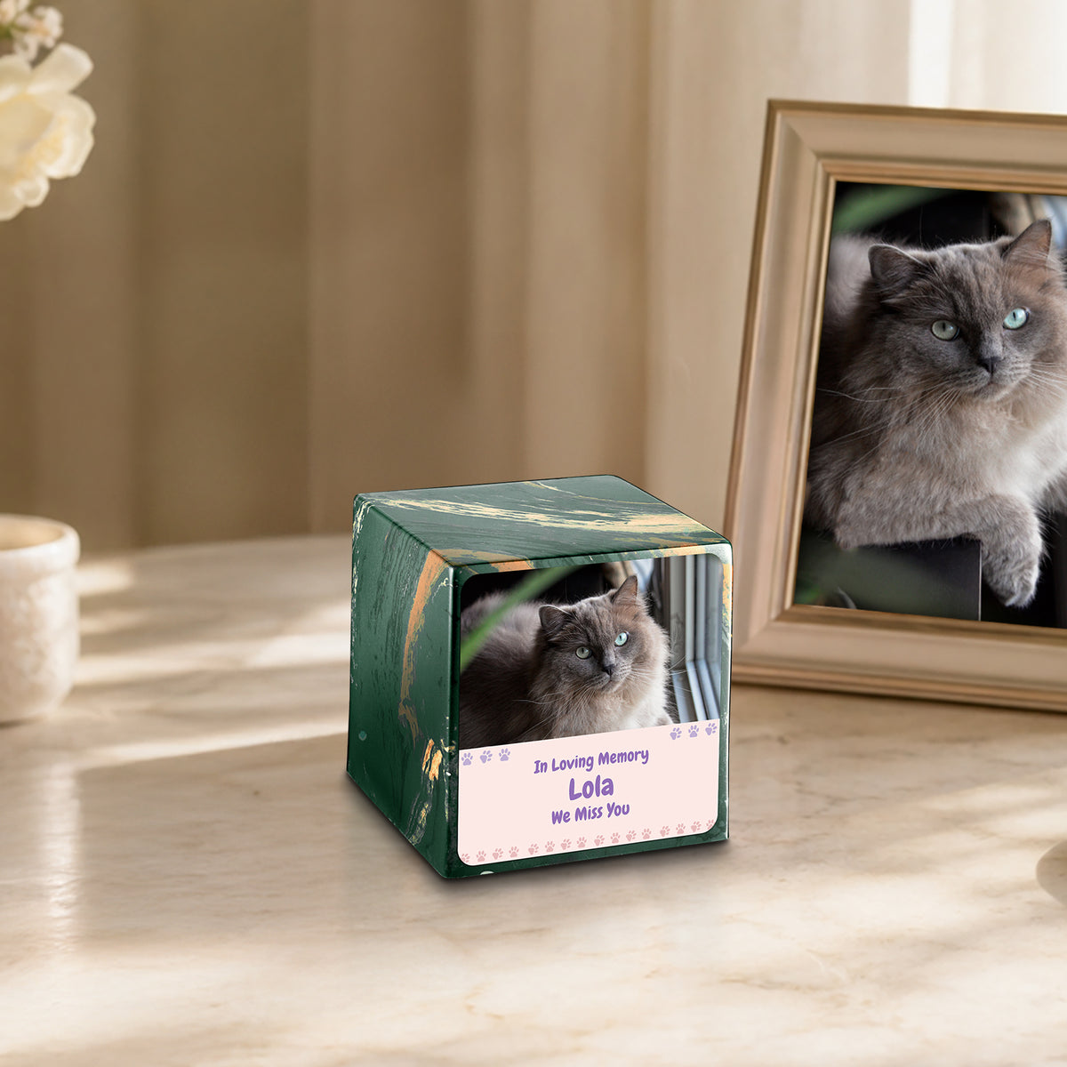 Small Cube Pet Photo Memorial Camo Cultured Marble Pet Cremation Urn by MacKenzie