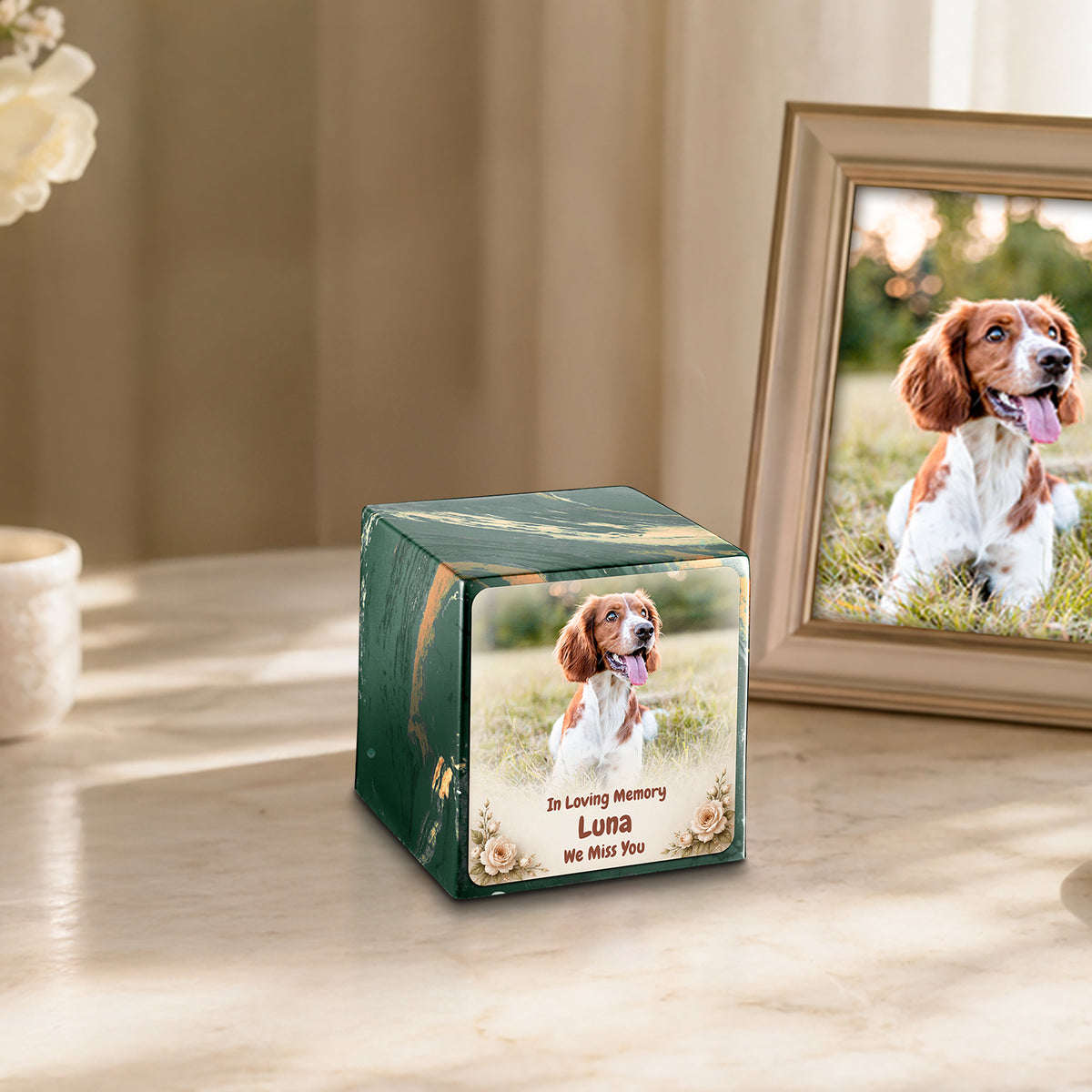 Small Cube Personalized Pet Photo Camo Cultured Marble Pet Cremation Urn by MacKenzie