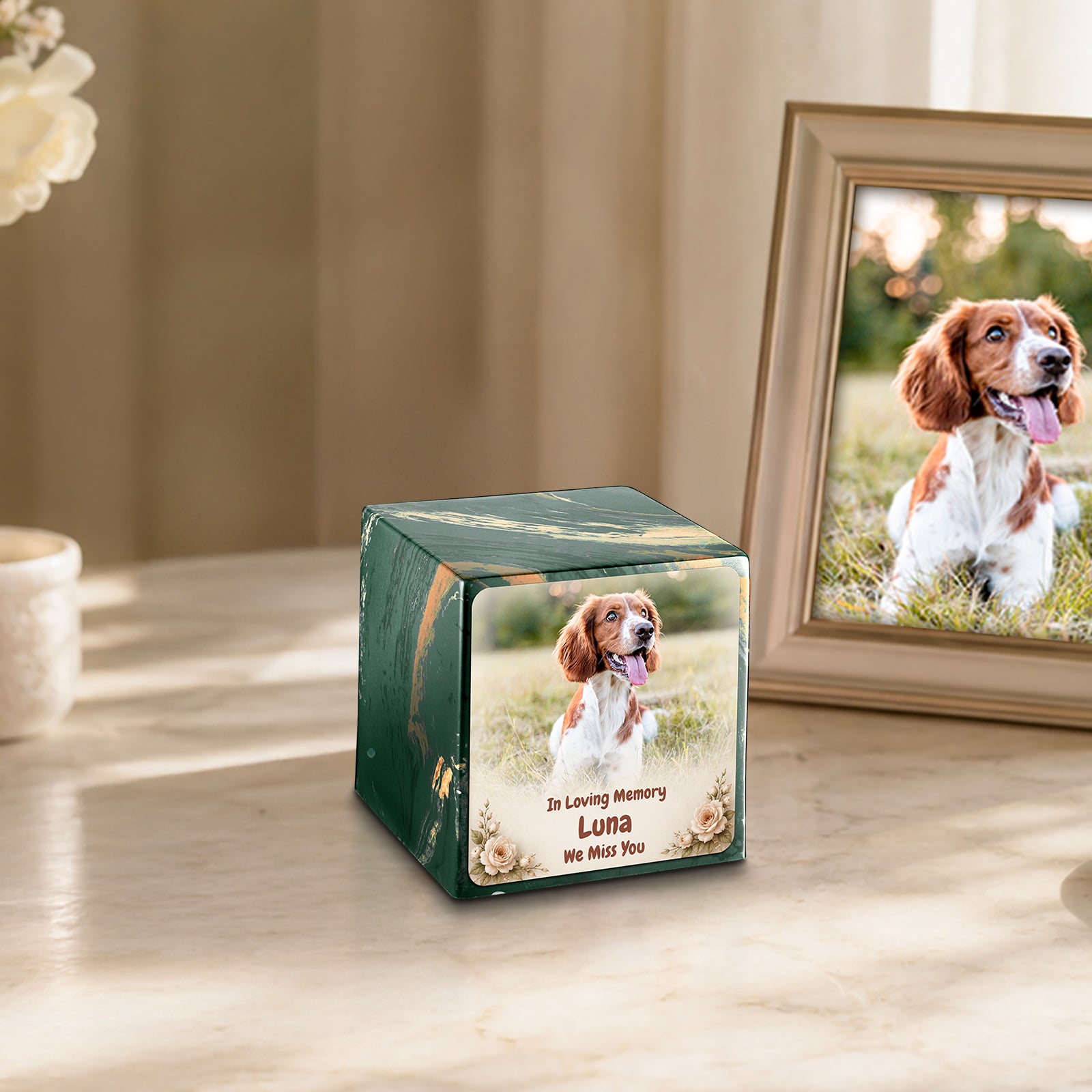 Small Cube Personalized Pet Photo Camo Cultured Marble Pet Cremation Urn by MacKenzie
