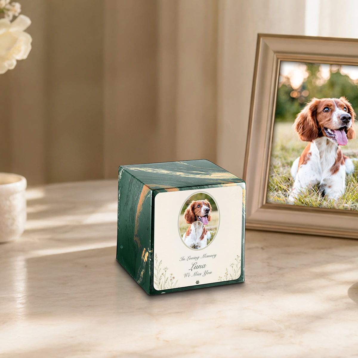 Small Cube Pet Portrait Tribute Camo Cultured Marble Pet Cremation Urn by MacKenzie