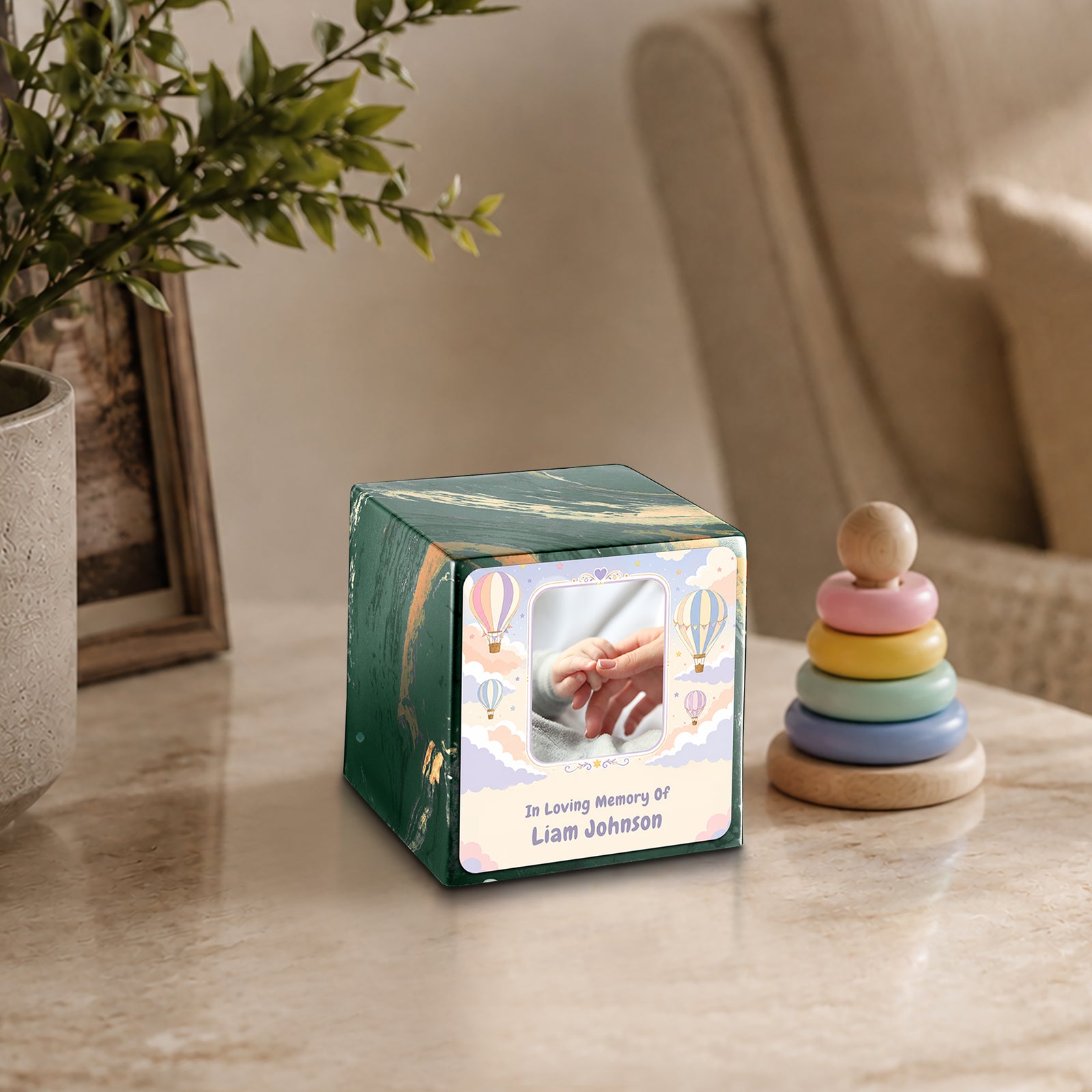 Small Cube Hot Air Balloons Camo Cultured Marble Child Cremation Urn by MacKenzie