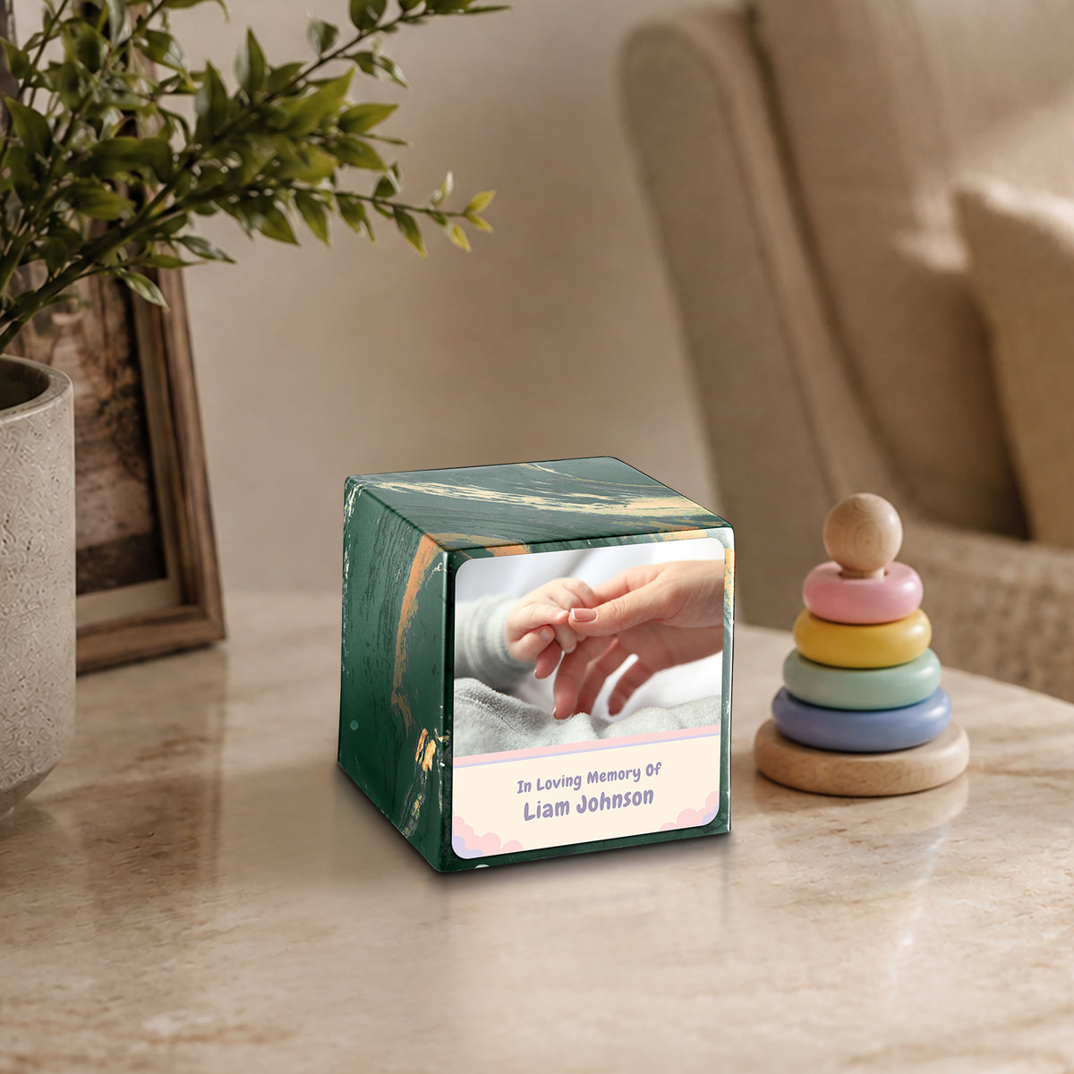 Small Cube Classic Photo Camo Cultured Marble Child Cremation Urn by MacKenzie