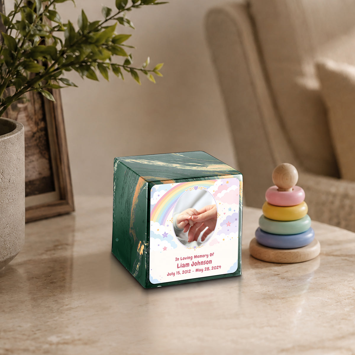 Small Cube Rainbow and Clouds Camo Cultured Marble Child Cremation Urn by MacKenzie