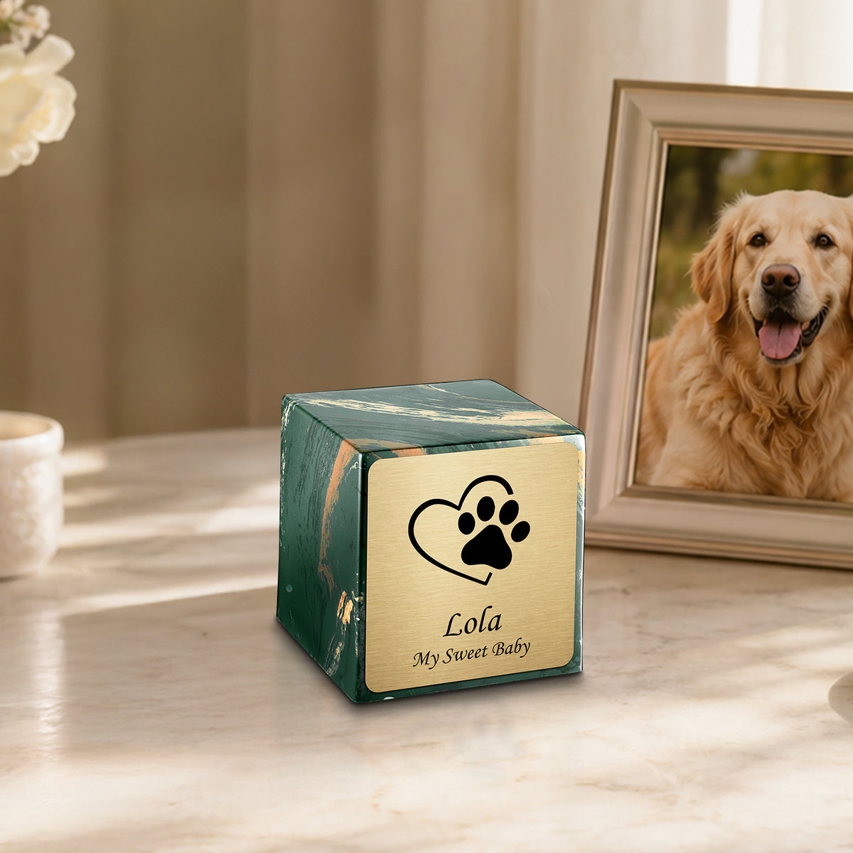 Small Cube Single Heart Paw Camo Cultured Marble Pet Cremation Urn by MacKenzie