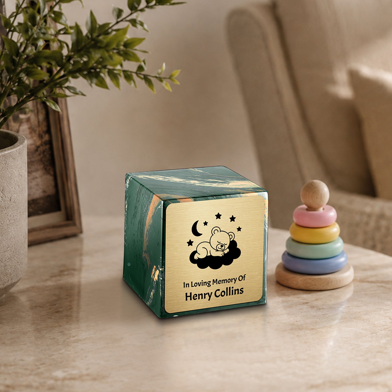 Small Cube Sleeping Teddy Camo Cultured Marble Child Cremation Urn by MacKenzie
