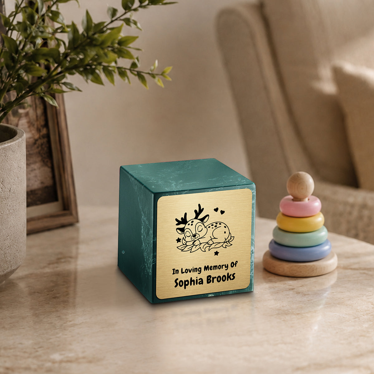 Small Cube Baby Deer Evergreen Cultured Marble Child Cremation Urn by MacKenzie