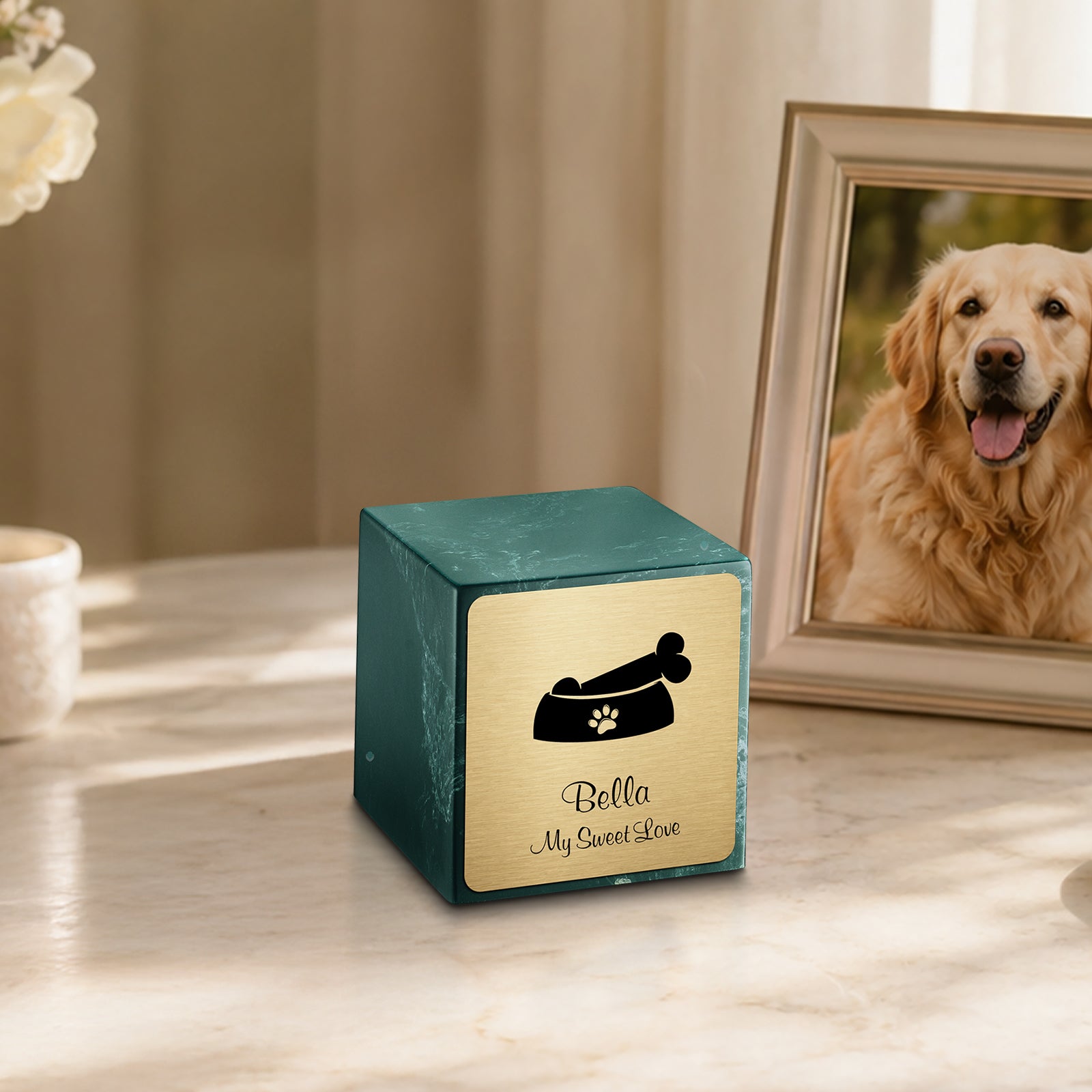 Small Cube Dog Bone Evergreen Cultured Marble Pet Cremation Urn by MacKenzie