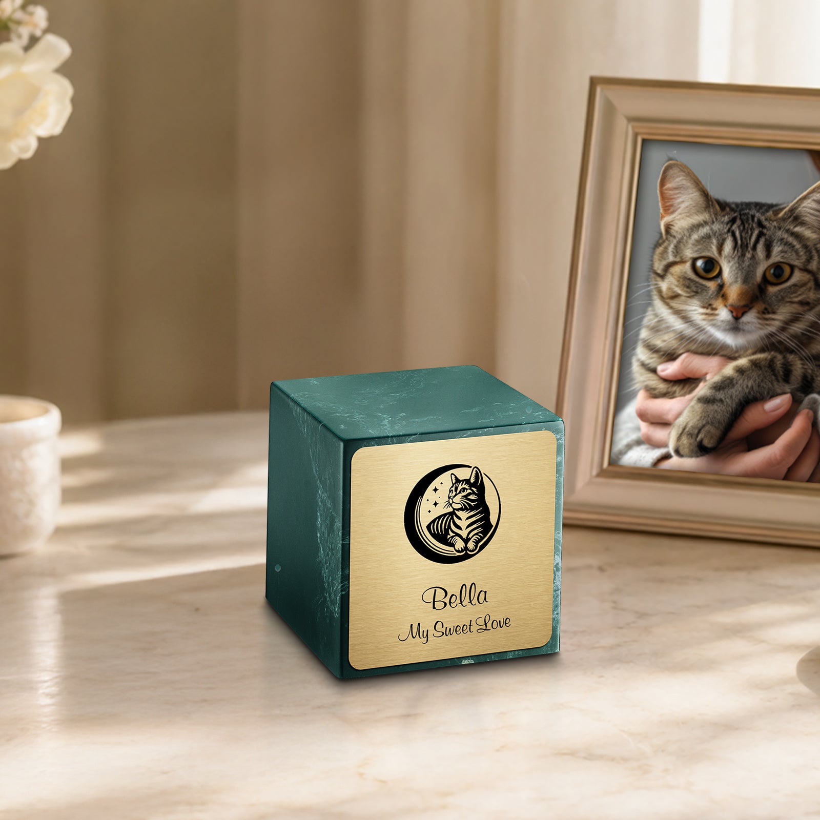 Small Cube Cat Evergreen Cultured Marble Pet Cremation Urn by MacKenzie