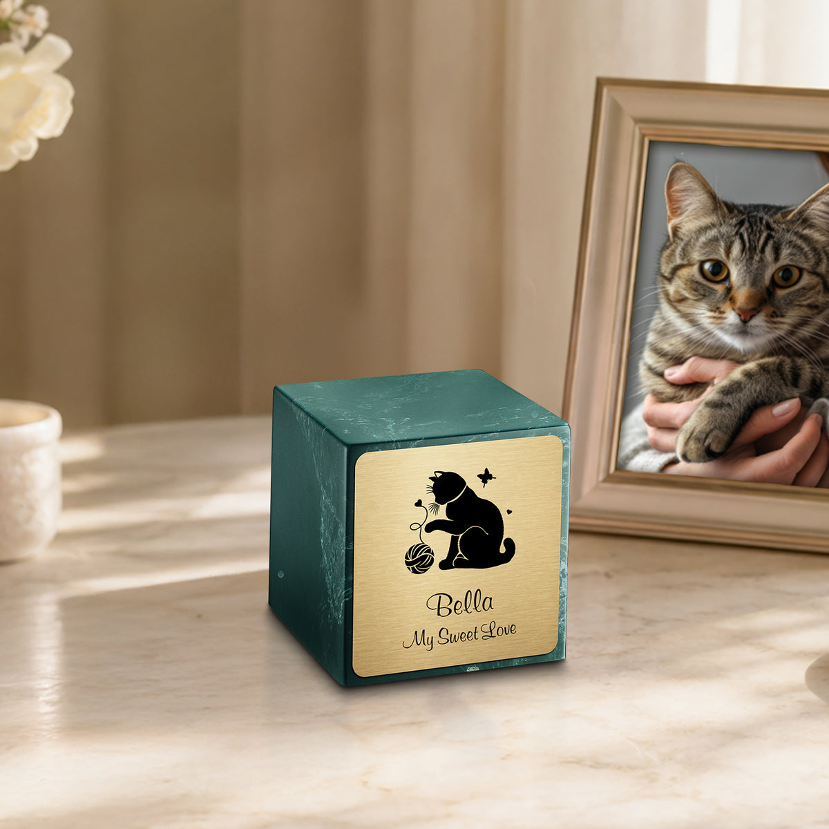 Small Cube Fun Cat Evergreen Cultured Marble Pet Cremation Urn by MacKenzie