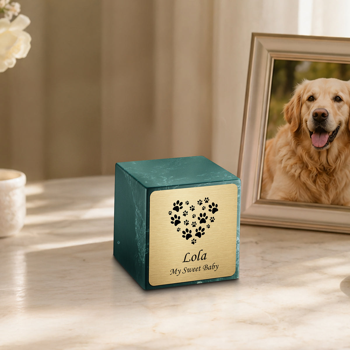 Small Cube Heart Paw Evergreen Cultured Marble Pet Cremation Urn by MacKenzie