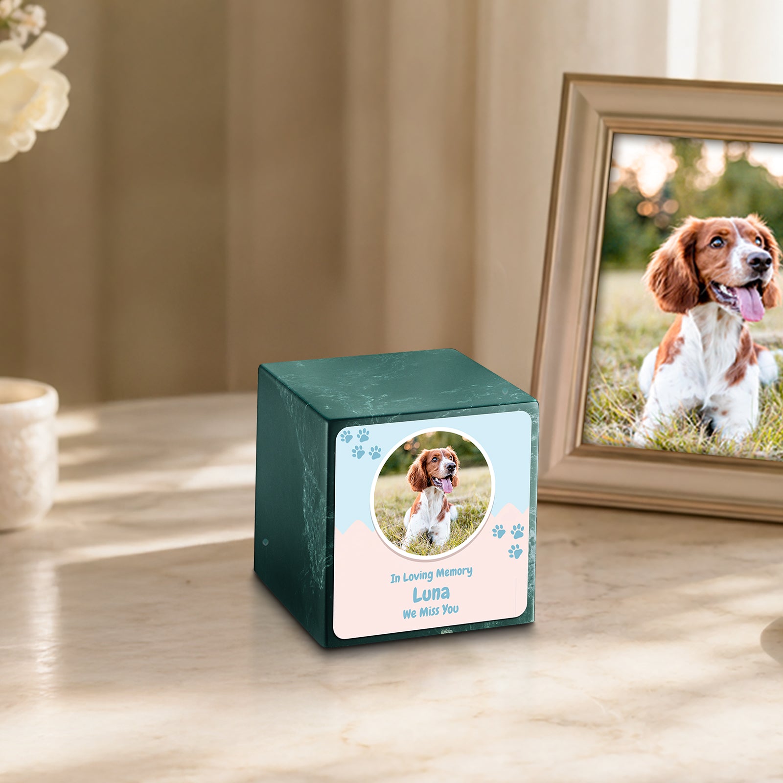 Small Cube Pet Portrait Evergreen Cultured Marble Pet Cremation Urn by MacKenzie