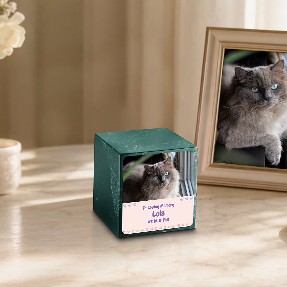 Small Cube Pet Photo Memorial Evergreen Cultured Marble Pet Cremation Urn by MacKenzie