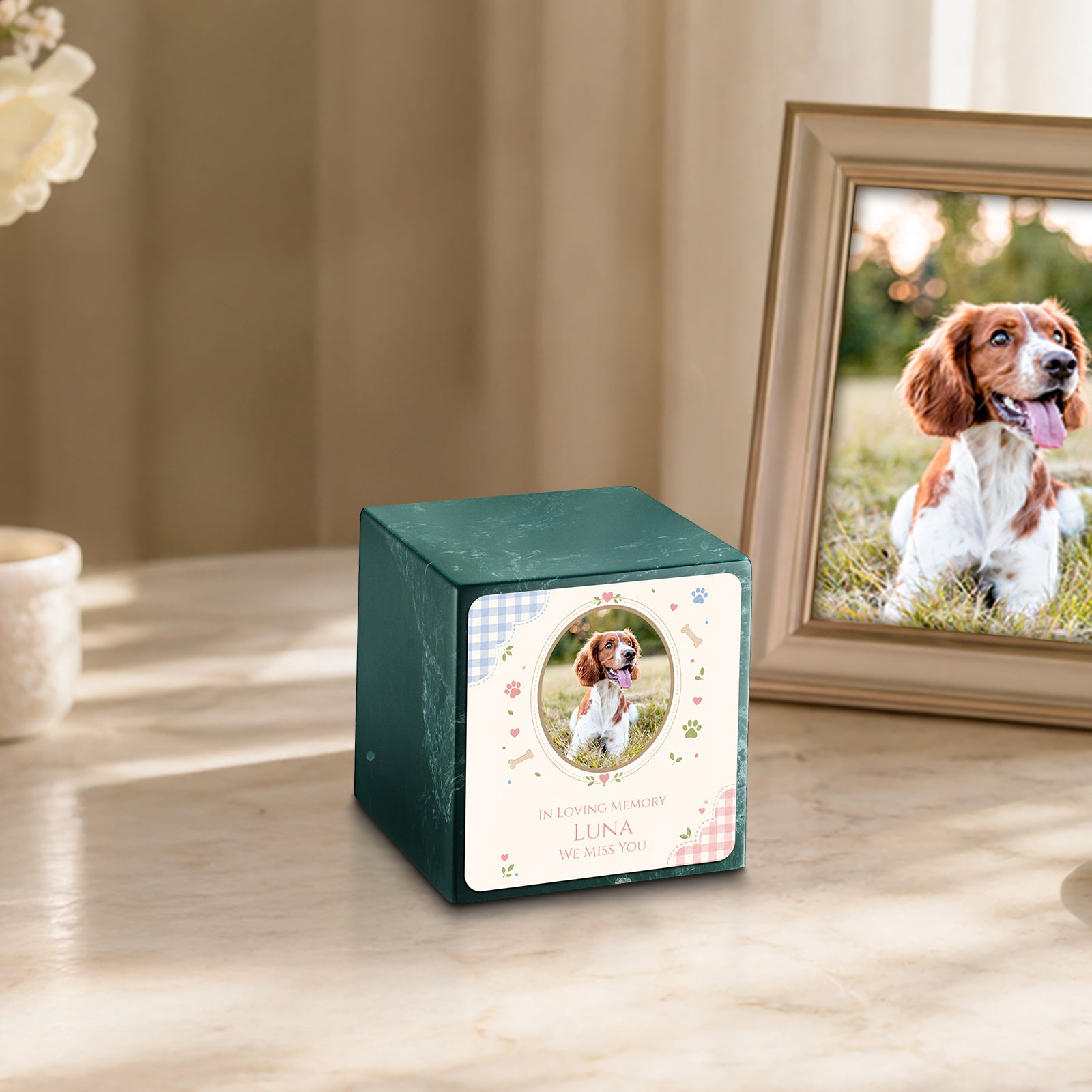 Small Cube Custom Pet Memorial Evergreen Cultured Marble Pet Cremation Urn by MacKenzie