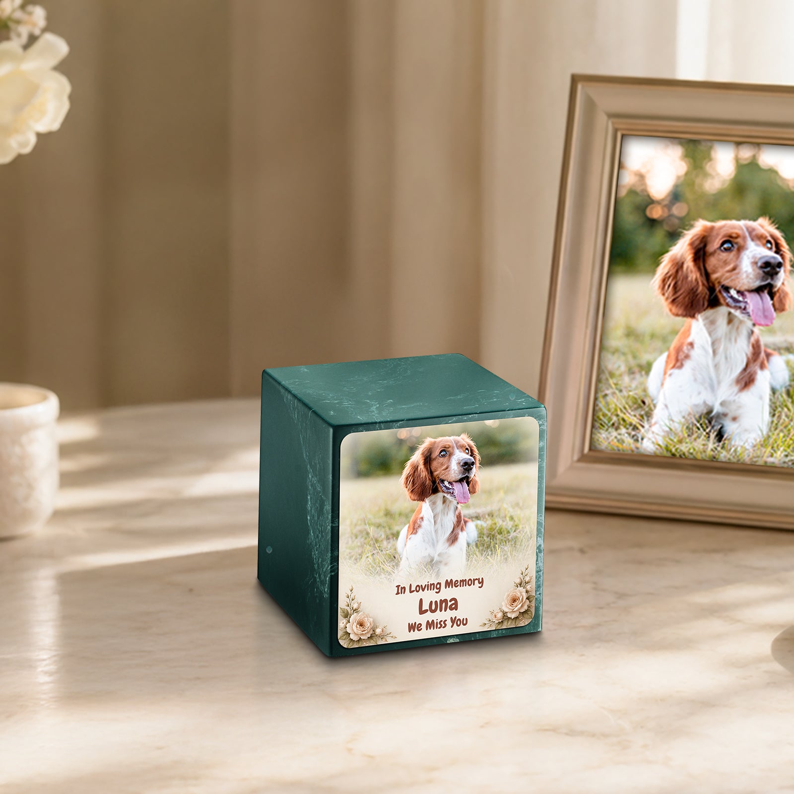 Small Cube Personalized Pet Photo Evergreen Cultured Marble Pet Cremation Urn by MacKenzie